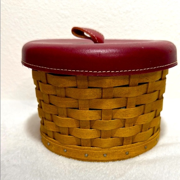 LONGABERGER Woven Sewing Basket with Red Leather Lid and Inserts - Picture 1 of 14